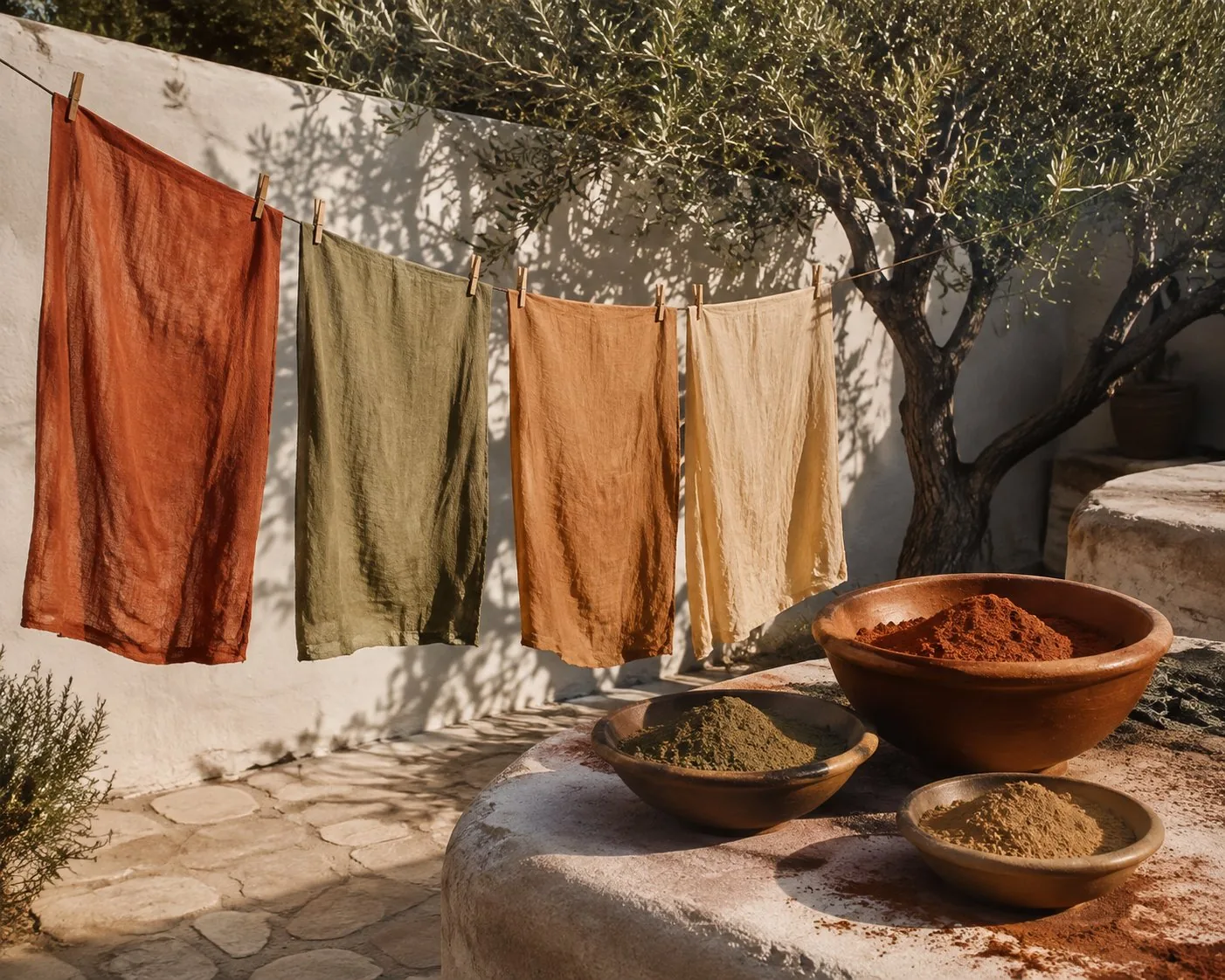 Telas de lino teñidas secándose al sol en un patio mediterráneo