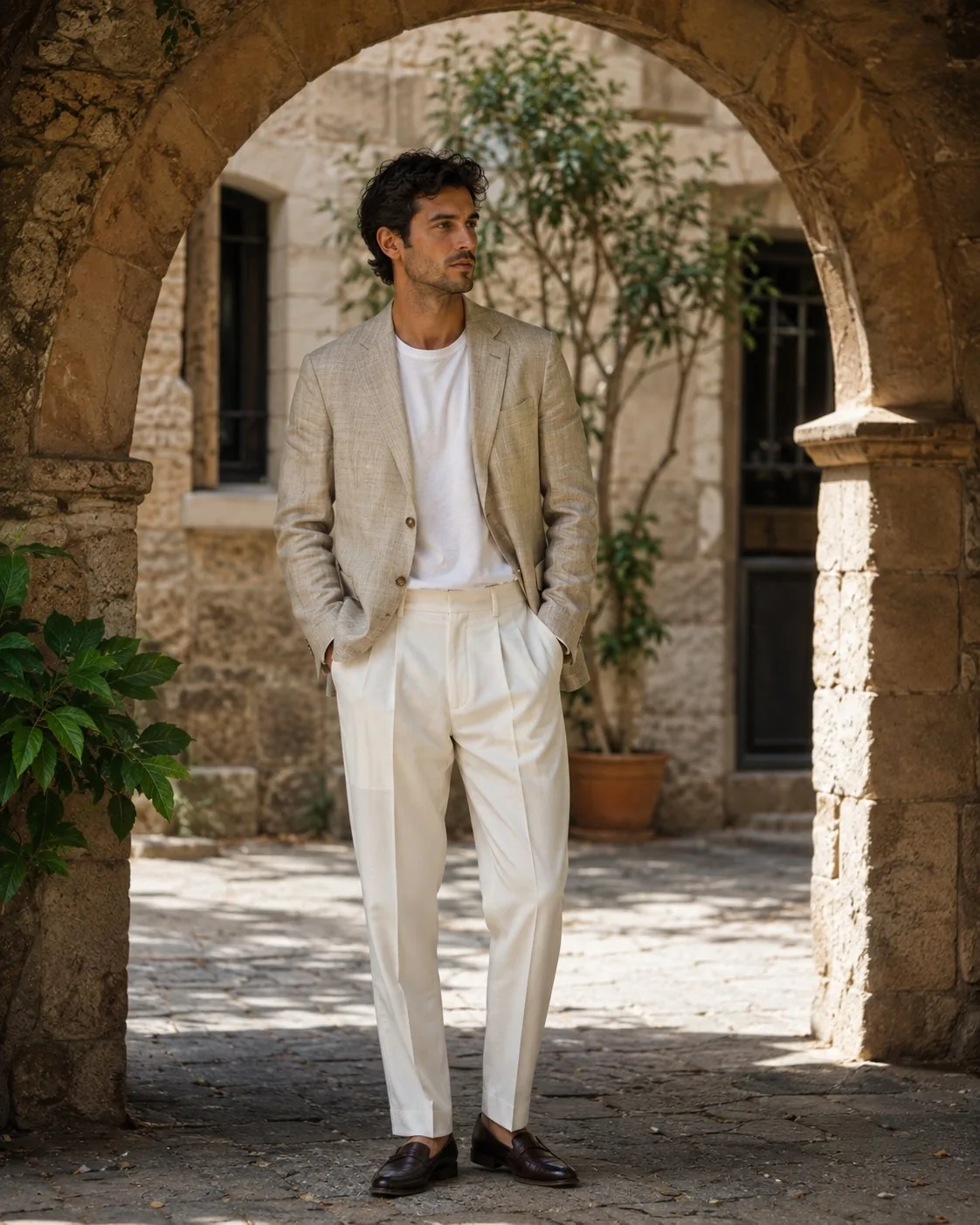 Look 02 · Blazer de lino arena