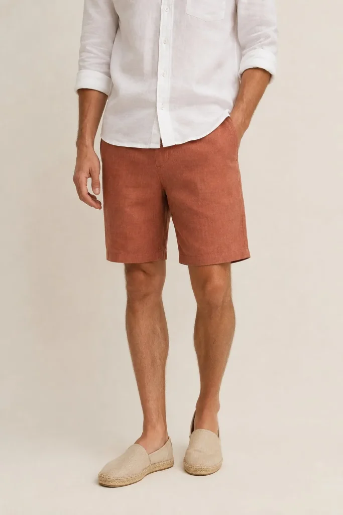 Bermuda de lino terracota con camisa blanca y alpargatas