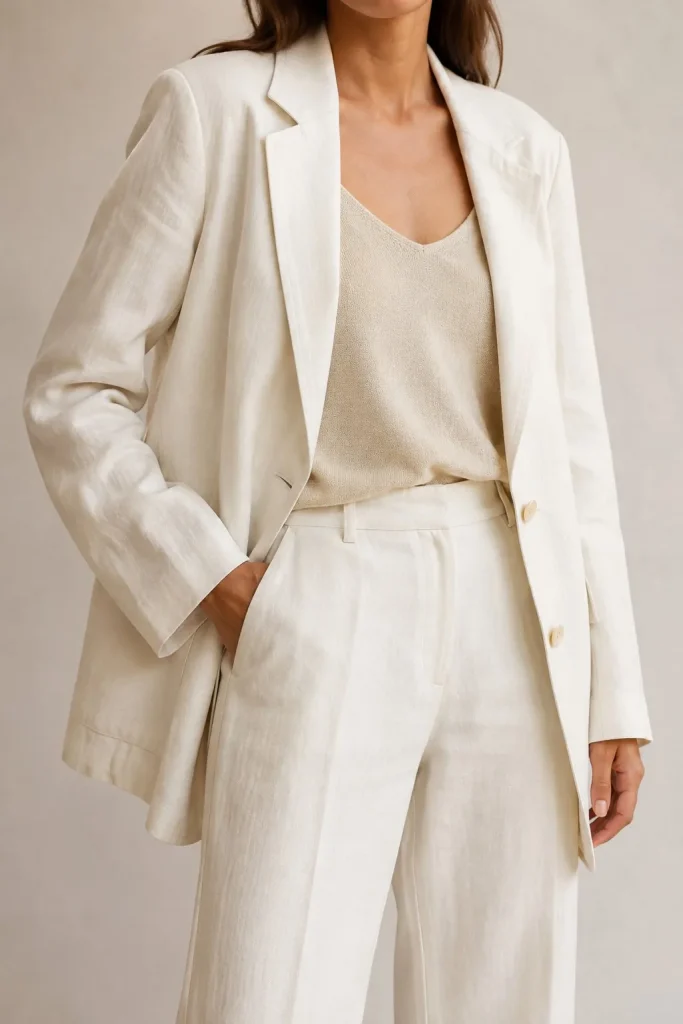 Blazer oversize de lino crudo con pantalón a juego