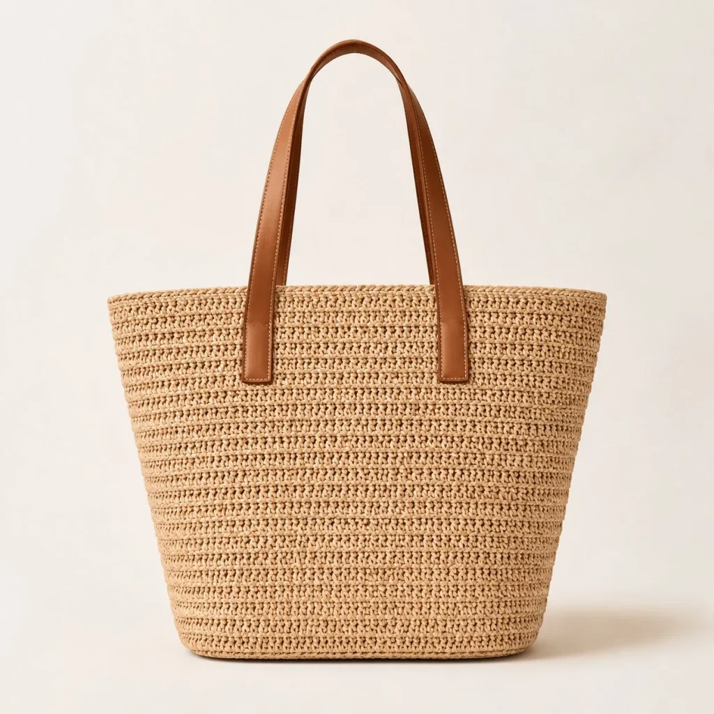 Bolso tote de rafia natural con asas de piel