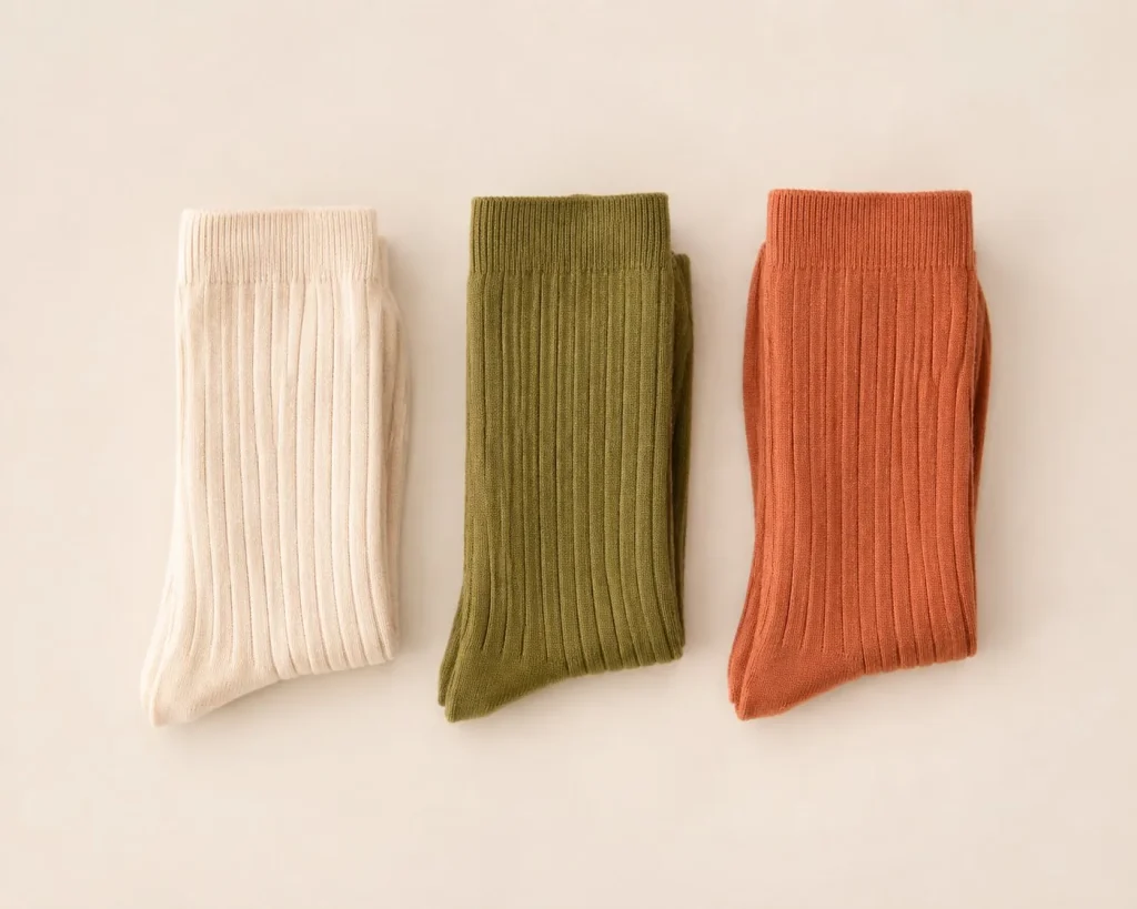 Tres pares de calcetines de canalé en crudo, oliva y terracota