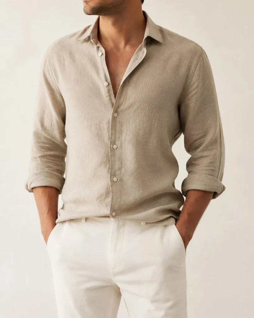 Camisa de lino beige de hombre con las mangas remangadas