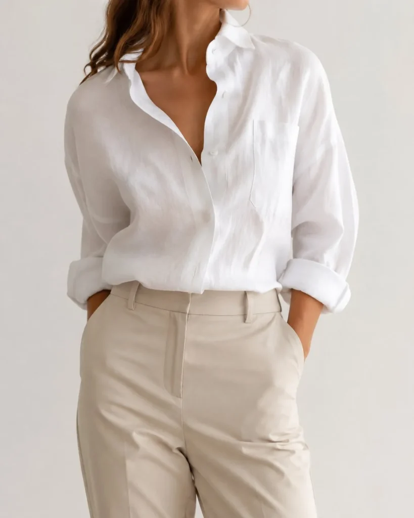 Camisa de lino blanca oversize con las mangas remangadas