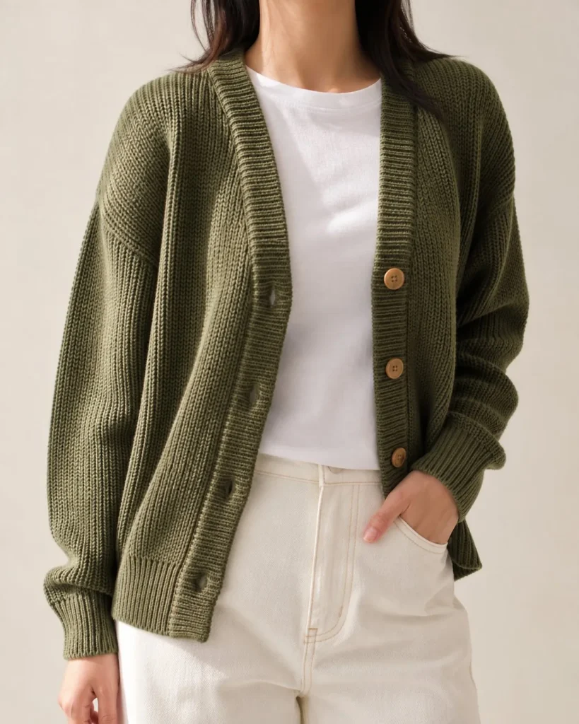 Cárdigan de punto grueso verde oliva con botones de madera