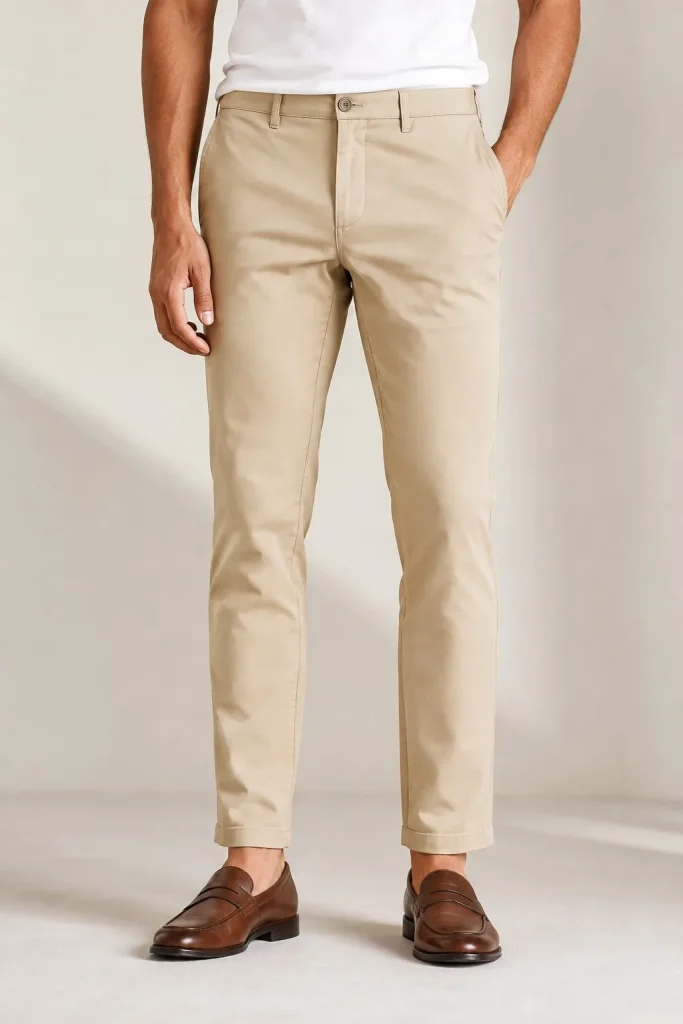 Pantalón chino de algodón color duna con mocasines