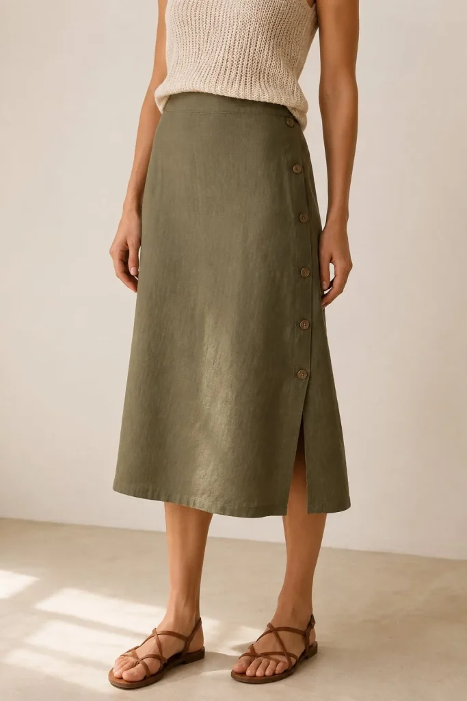 Falda midi de lino verde oliva con botones laterales