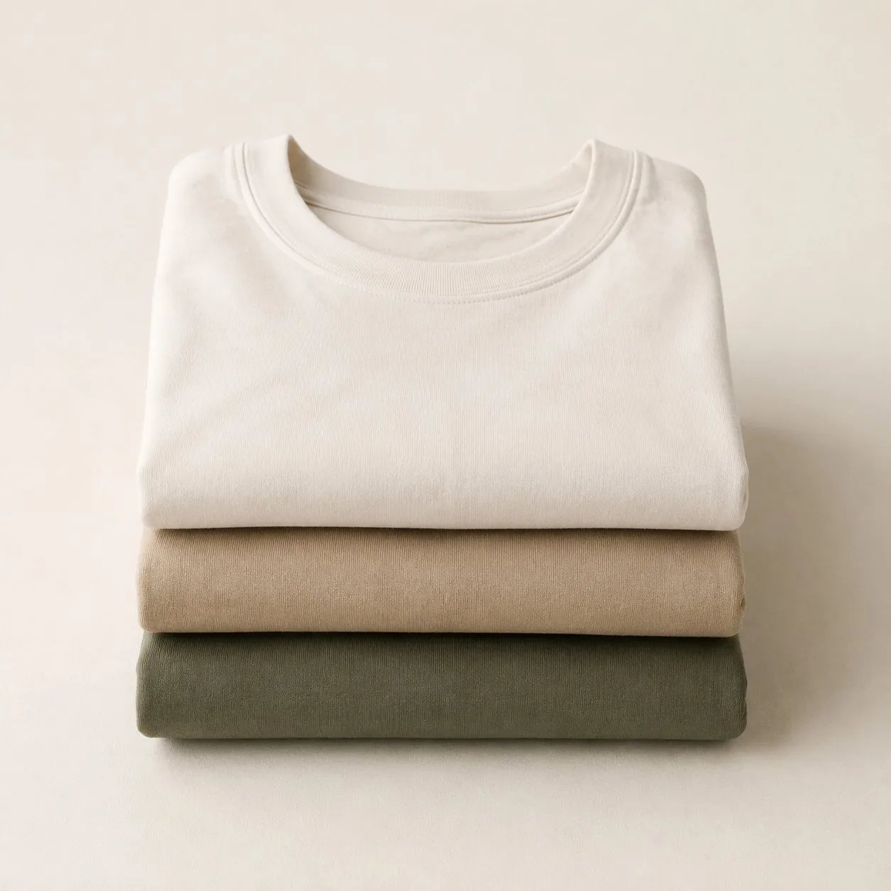 Tres camisetas de algodón orgánico dobladas en crudo, arena y oliva