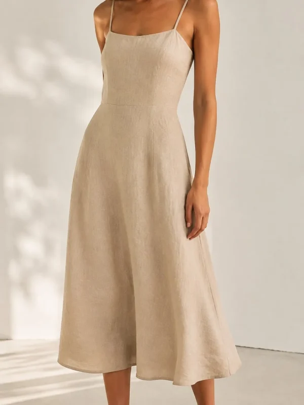 Vestido midi de lino color arena con tirantes finos