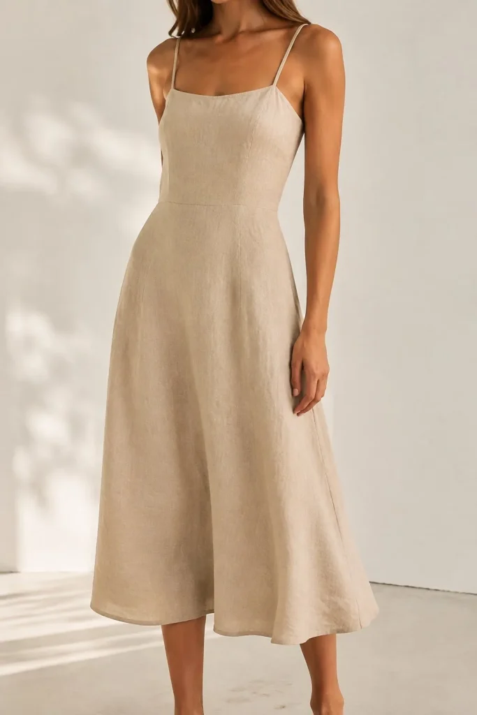 Vestido midi de lino color arena con tirantes finos